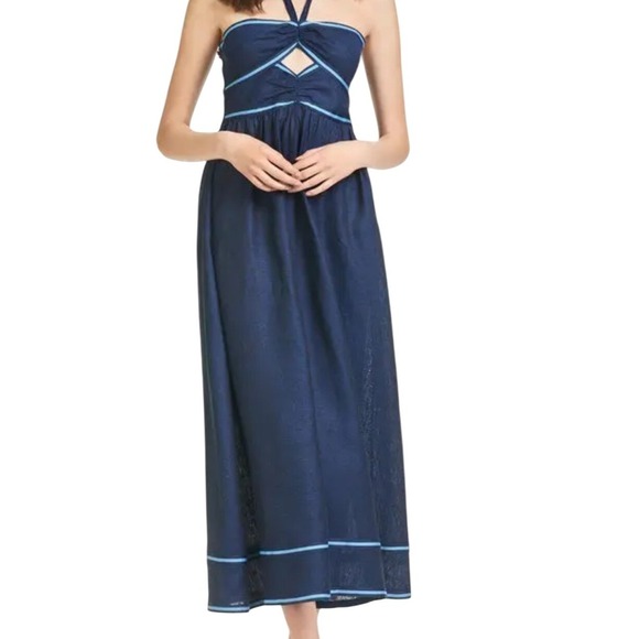 $395 NWT SACHIN & BABI Reid Midnight Navy Blue Dress Halter Midi Striped Trim 10 - Picture 1 of 10